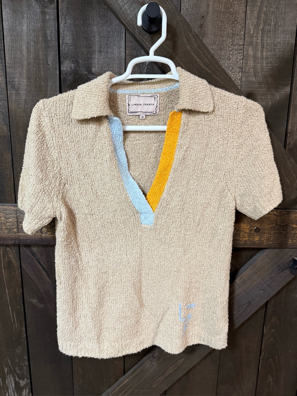 Lingua Franca Cashmere Polo Sweater Oatmeal Contrast Trim Size Medium